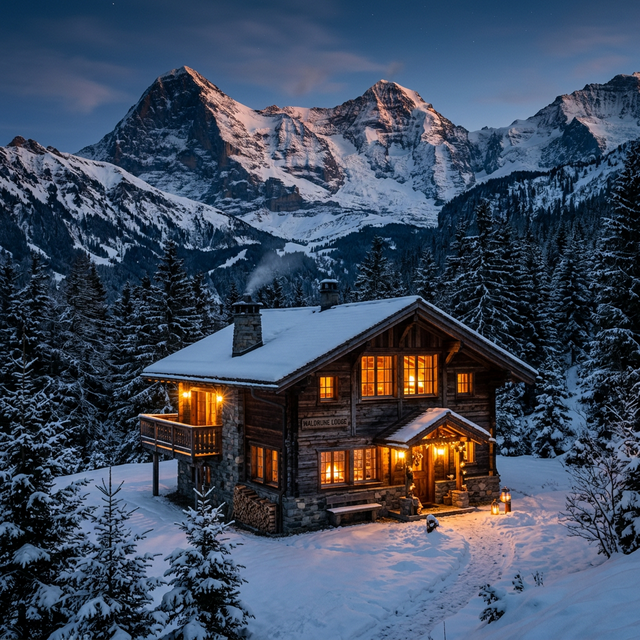A cozy wooden alpine lodge nestled among pine trees at the base of a dramatic mountain range, warm golden light glowing from windows, snow dusting the roof and surrounding landscape, dusk atmosphere, architectural photography